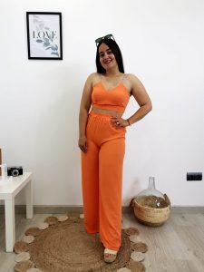 Conjunto Naranja Top De Tirantes Y Pantalón De Pierna Ancha Con Locura